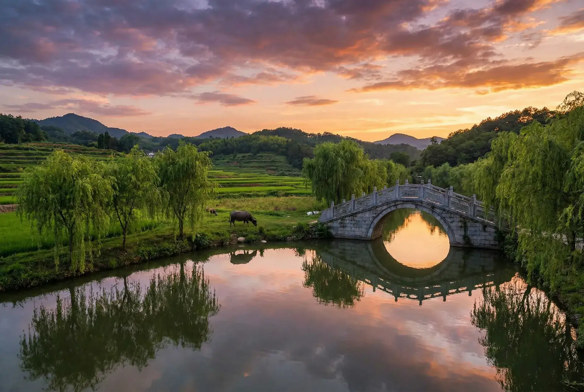夕阳下的石拱桥与垂柳，水牛在河边吃草 - 群英会电视剧 乡村美景